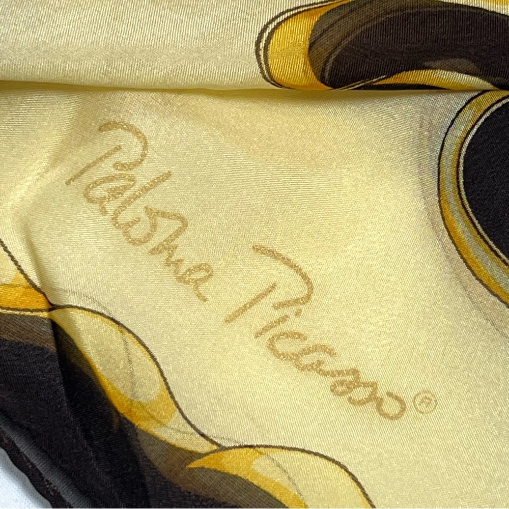 Paloma Picasso Vintage Made In Italy ”Hugs & Kisses” Silk Scarf Yellow & Brown - Picture 4 of 7